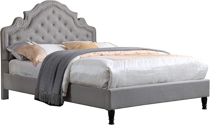 HomeLife Premiere Classics 51" Tall Platform Bed with Cloth Headboard and Slats - King (Light Grey Linen)