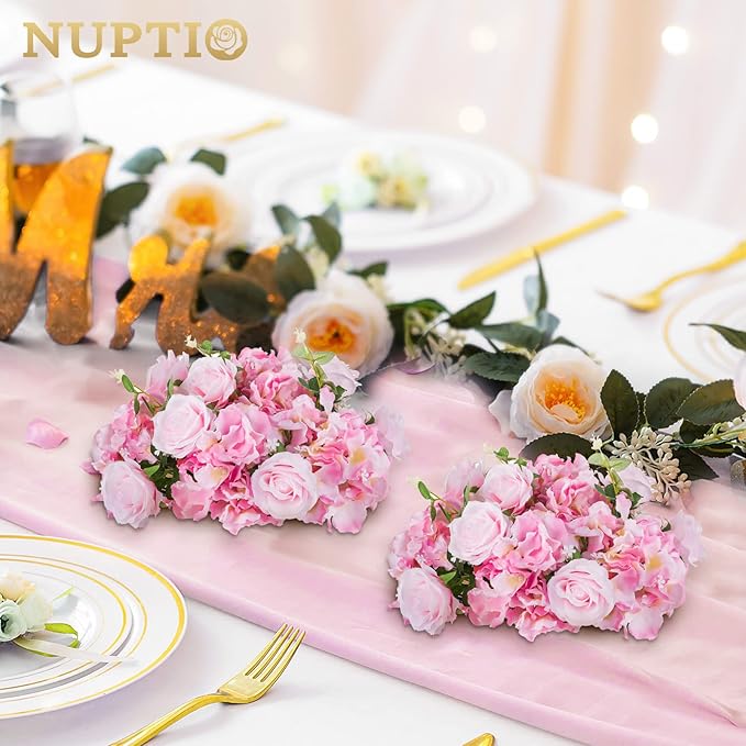 NUPTIO Flower Ball Arrangement Bouquet - 2 Pcs 14.2 inch Diameter Pink Fake Flowers Roses Balls for Centerpieces Tables - Artificial Rose Arrangements for Wedding Centerpiece Table Decorations