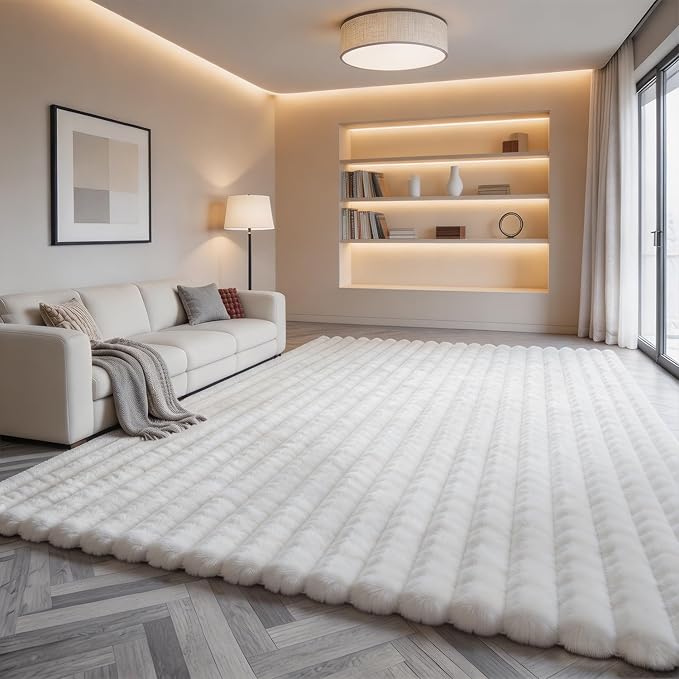 White Rabbit Striped Plush Rug 8'x10', Fluffy Shaggy Area Rug by CHOVY