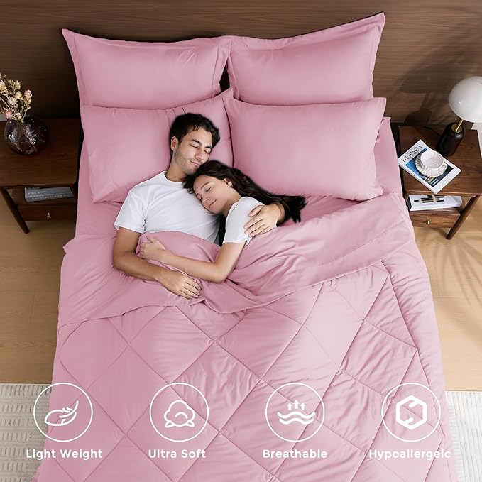 HEVUMYI Pink Twin-XL Comforter Set - 5-Piece All Season Bed in a Bag Twin-XL, Ultra Soft Bedding Set with Comforter, Flat Sheet, Fitted Sheet, Pillowcases, Pillow Shams, Pink