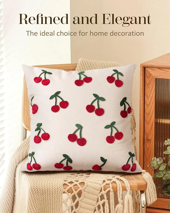Embroidered Throw Pillow Cover 18x18 Inch, Little Cherry | Decorative Pillow - Image 5