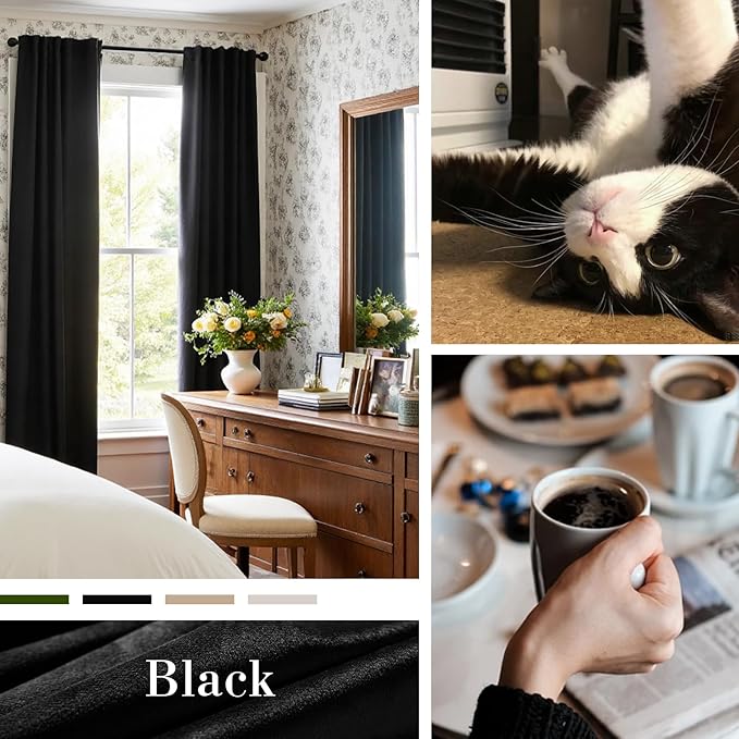 Lazzzy Velvet Blackout Curtains Thermal Insulated Room Window Drapes Super Soft Luxury Curtains for Living Room Bedroom Rod Pocket 2 Panels, Black, 52" W x 90" L