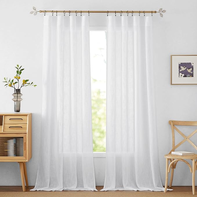 RYB HOME White Sheer Curtains, Extra 66 inches Widith Rod Pocket Light Filtering Breathable Semi Sheer Curtains for Living Room, W 66 x L 84 inches, 2 Panels Set