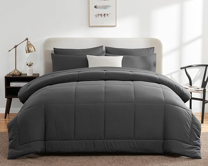 CozyLux Twin Comforter Set with Sheets Dark Grey, 5 Pieces Bed in a Bag, Dark Gray Comforter Twin Size, All Season Bedding Set with Stitch Quilted Comforter, Flat Sheet, Fitted Sheet, Pillowcases