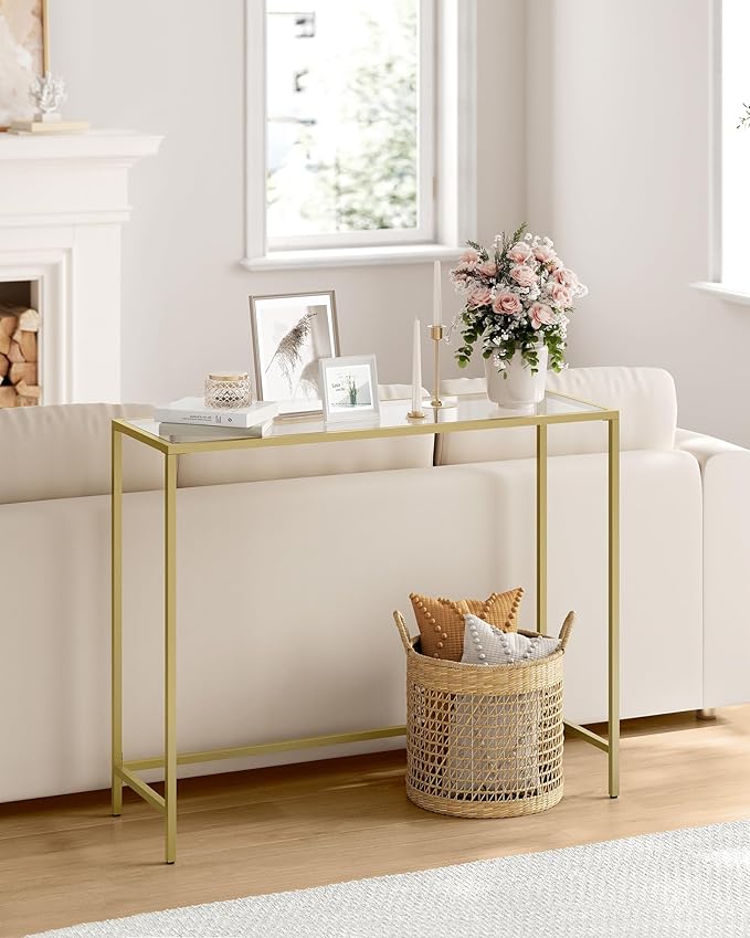 VASAGLE 39.4 Inches Console Table, Tempered Glass Sofa Table, Modern Entryway Table, Metal Frame, Easy to Assemble, Adjustable Feet, for Living Room, Hallway, Gold Color ULGT26G