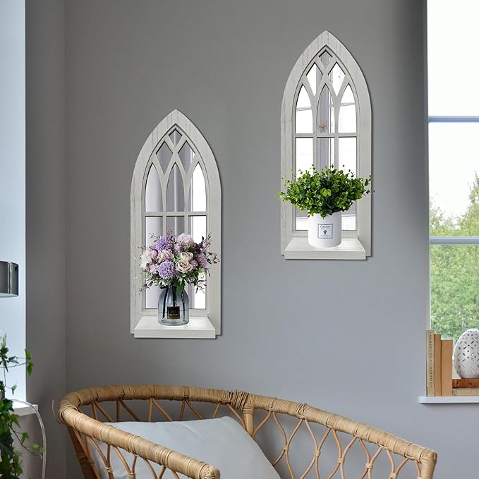 Wood Wall Sconce Candle Holder Set 2, Rustic Candle Sconces, Farmhouse Hanging Wall Décor, Carved Wood Frame, Mirrored Wall Accent
