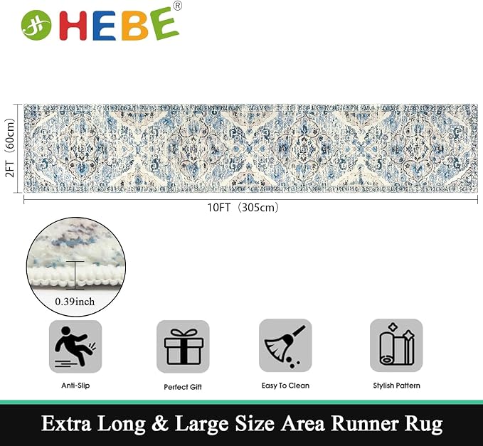 HEBE Hallway Runner Rug 2'x10', Washable Non Slip Kitchen Rug Runner | Soft - Image 2