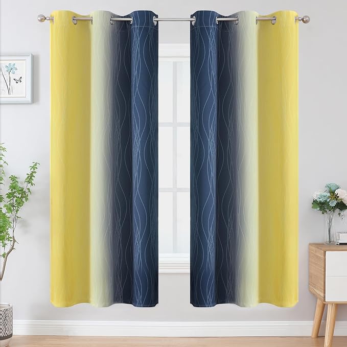 Navy Blue and Yellow Ombre Blackout Curtains - Image 2