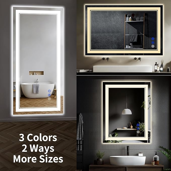 36"x30" LED Bathroom Mirror with Anti-Fog, Stepless Dimmable Lights, 3 Color Modes, Shatter-Proof Tempered Glass, Memory Function & Waterproof Design