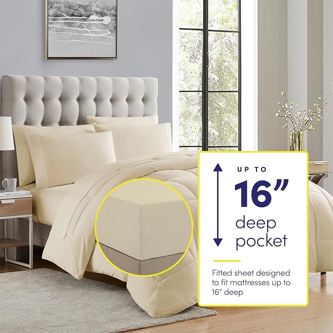 Sweet Home Collection 5 Piece Comforter Set Bag Solid Color All Season Soft Down Alternative Blanket & Luxurious Microfiber Bed Sheets, Beige, Twin