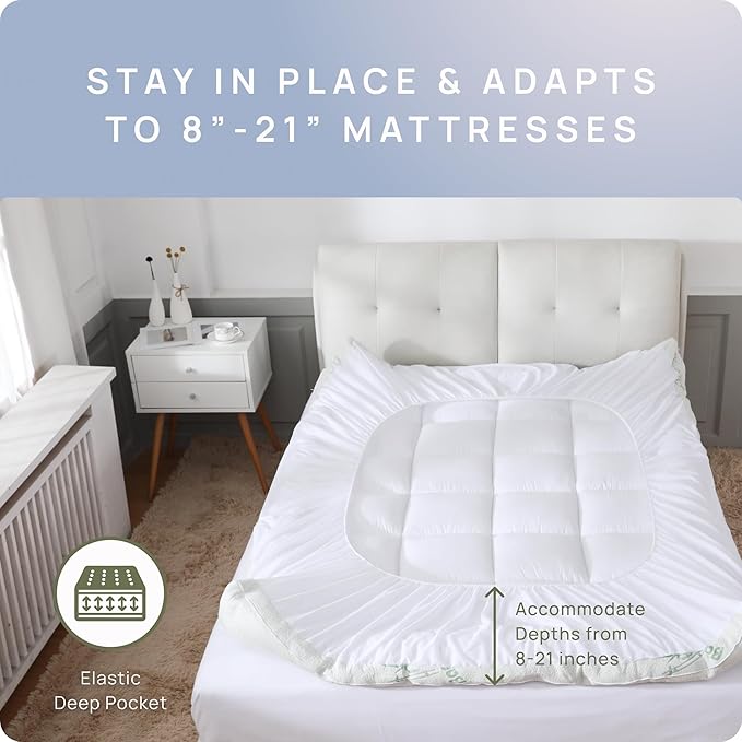 Cooling Mattress Topper - Full Size | Plush Pad Mattress Topper for Back Pain Relief, 8-21" Deep Pocket | Viscose Made from Bamboo Pillow Top | Bedroom Essentials