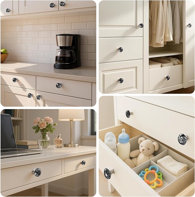 DEELF 25 Packs Kitchen Cabinet Knobs, 30 mm Crystal Cabinet Knobs, Diamond Dresser Handle Drawer Pulls, Dresser Knobs for Cabinets and Drawers, Black