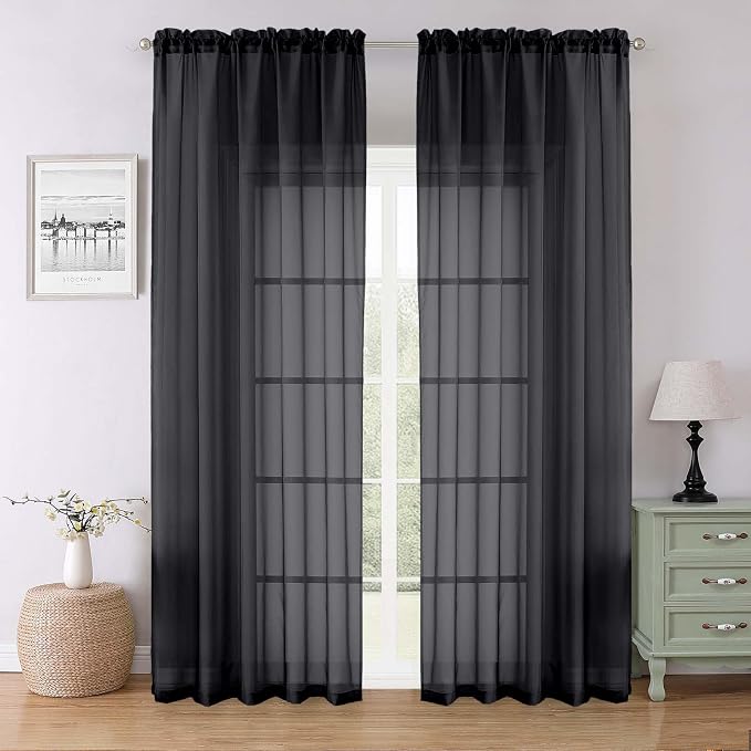 Black Sheer Curtains 90 Inches Long 2 Panels, Light Filtering Privacy Voile by Lecloud