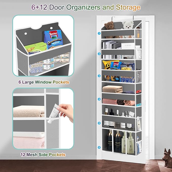 Over The Door Organizer Closet,6 Bins 12 Side Pockets,Hanging Organizer,Anti Tilt 50 lbs Load Organizers and Storage with Clear Window for Bedroom,Nursery,Rv,Bathroom,Camper(Grey)