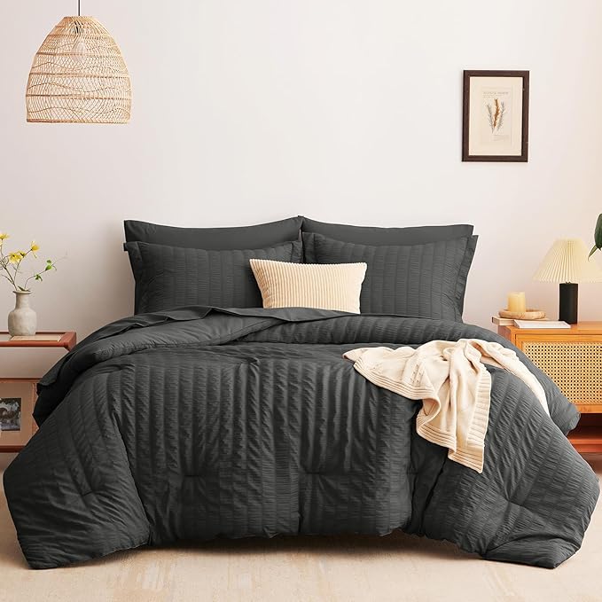 CozyLux King Size Comforter Set Dark Grey Seersucker 7 Pieces Bed in a Bag King Comforter Set with Sheets, Luxury Bedding Set with Down Alternative Comforter, Sheets, Pillowcases & Shams All Seasons