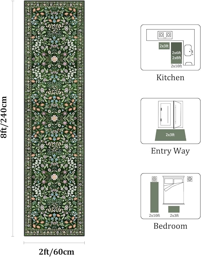 Yamaziot 2x8 Washable Hallway Runner Rug Non Slip Carpet, Colorful Green | Soft - Image 2