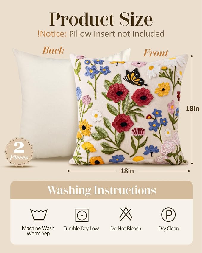 Embroidered Throw Pillow Covers 18x18 Inch, Retro Flower | Decorative Pillow - Image 4