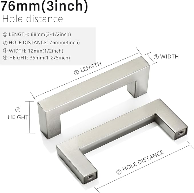 Cabinet Pulls Brushed Nickel Cabinet Handles Square Drawer Pulls, 50 Pack 3 Inch Stainless Steel Kitchen Door Cupboard Cabinet Handles, Cabinet Hardware Drawer Handles, 76mm Hole Centers