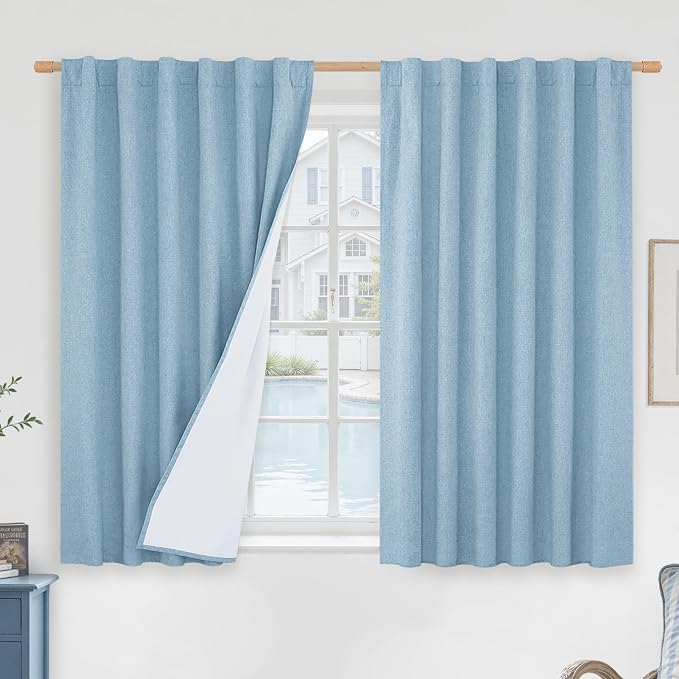 45 Inch Stone Blue 100% Blackout Linen Window Curtains by LAMIT