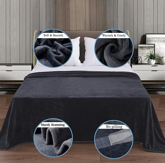 HOZY Soft Blanket Queen Size Fleece Warm Fuzzy Throw Blankets for The Bed Sofa Lightweight 350GSM Charcoal Grey 90"*90"