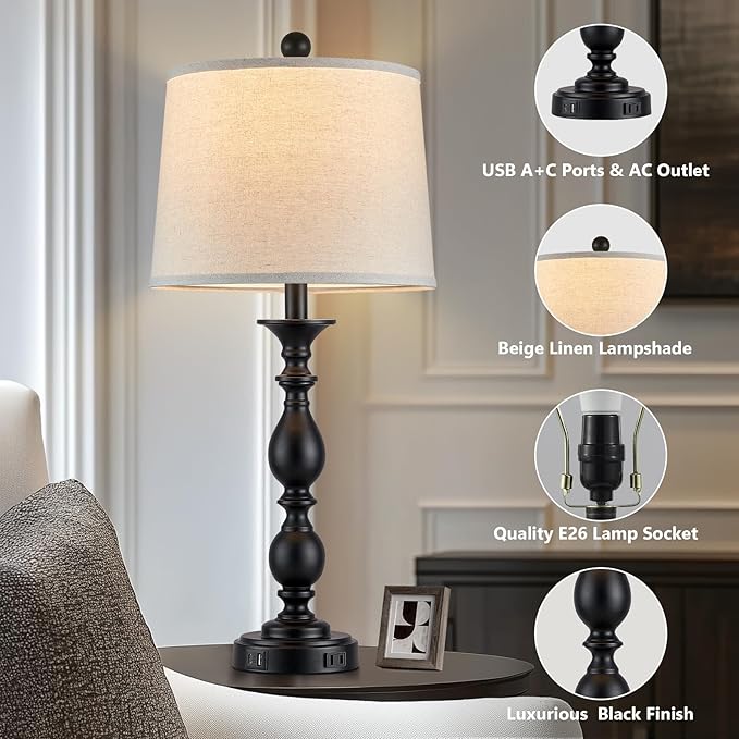 28" Tall Modern Table Lamps Set of 2 with USB C+A Ports and AC Outlet, 3 Way Touch Metal Bedside Lamps for Living Room, Black Farmhouse Nightstand Lamps for Bedroom
