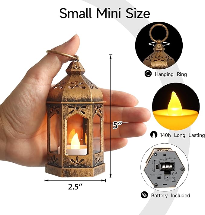 LLQ 8Pcs Mini Lantern with LED Tealight, Vintage Brown Lanterns Decorative, Hanging Candle Lanterns for Ramadan Christmas Wedding Table Centerpiece Indian Diwali Decor, Garden Fairy Party Decorations