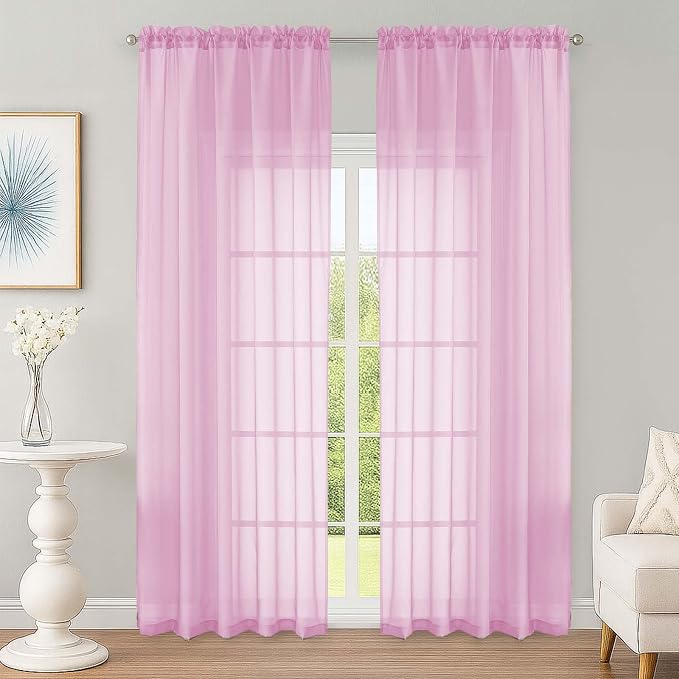 Pink Sheer Curtain 90 Inches Long 2 Panels Set, Solid Filmy Drapes by OWENIE