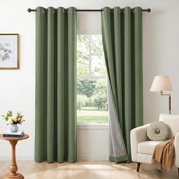 100% Blackout Linen Textured Curtains 96 Inch Long, Olive Green | 100% Blackout by 100BlackoutShield