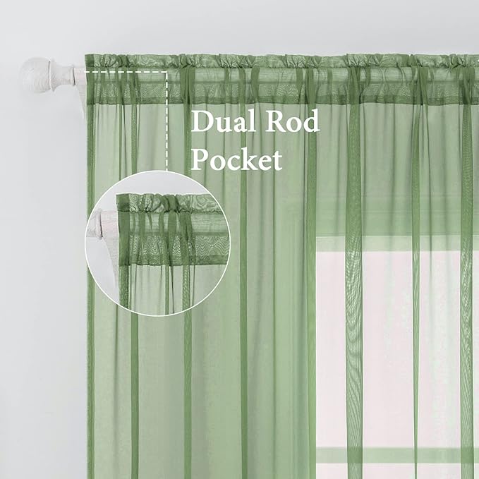 MIULEE Sage Sheer Curtains for Living Room 54 X 72 Inches, 2 Panels | Solid - Image 2