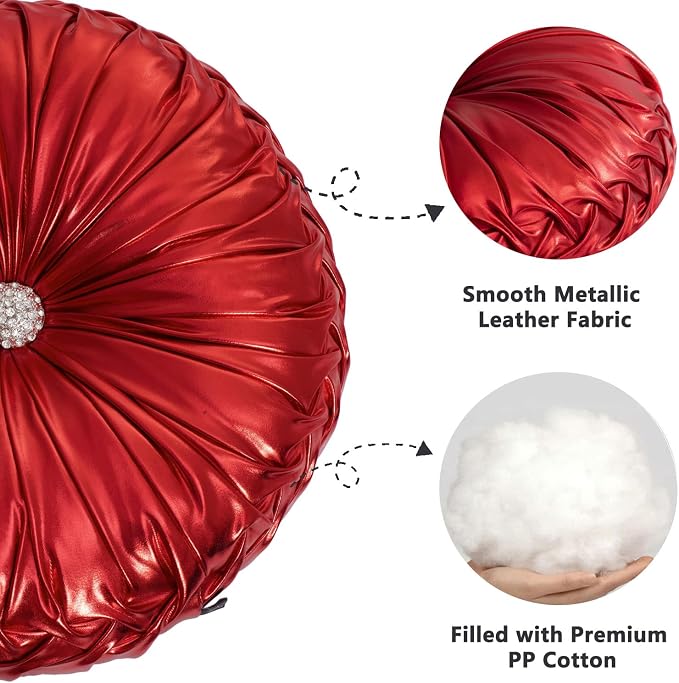 HIG Set of 2 Red Metallic Leather Decorative Round Pleated Throw Pillows | - Image 3