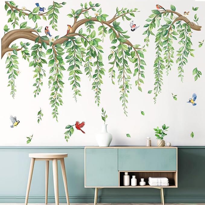 wondever Large Tree Branch Hanging Vine Wall Stickers Green Leaf Flower Birds Peel and Stick Wall Art Decals for Living Room Bedroom TV Wall