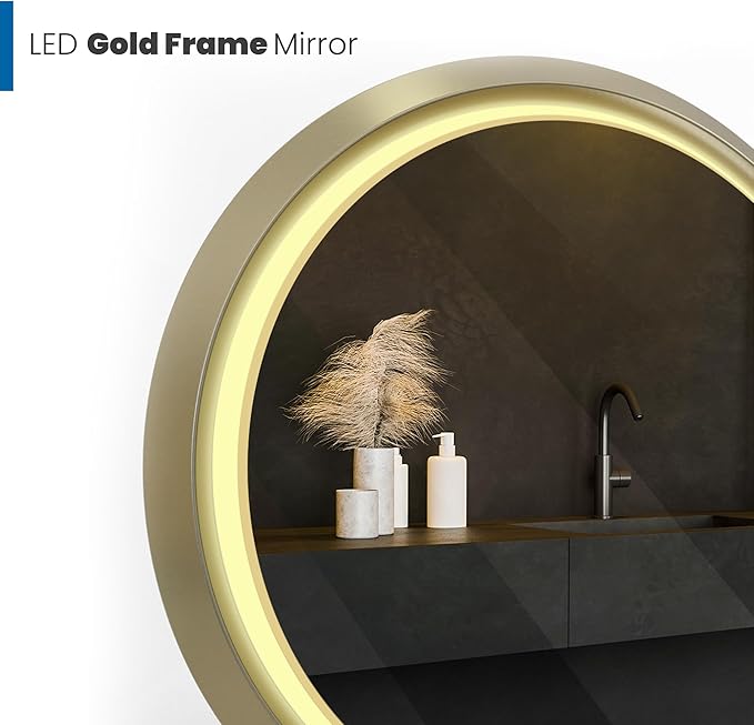 Fab Glass and Mirror 28" Round LED Bathroom Wall Piece with Touch Dimming, Anti-Fog Feature, 3 Color Temperature Options, Circular Framed Lighting in Gold
