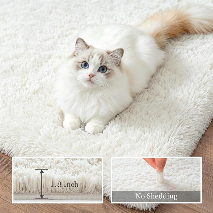 Area Rug Living Room Bedroom: 4x6 Fluffy Plush Shag Carpet Ivory | - Image 5