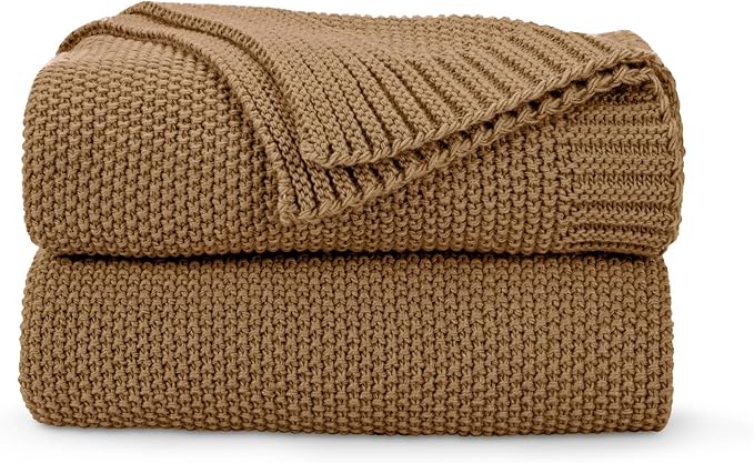 CozeCube Caramel Brown Seed Stitch Throw Blanket 50"x60", Farmhouse Decor | by CozeCube