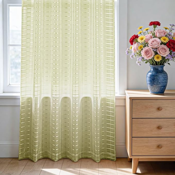 SpaceDresser Check Sheer Curtains 54 Inches 2 Panels Set, Rod Pocket Plaid - Image 3