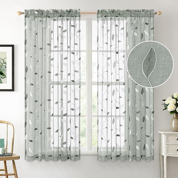 MIULEE Sage Sheer Curtains 2 Panels Embroidered Leaf Patterned, W52 x L63 | - Image 3