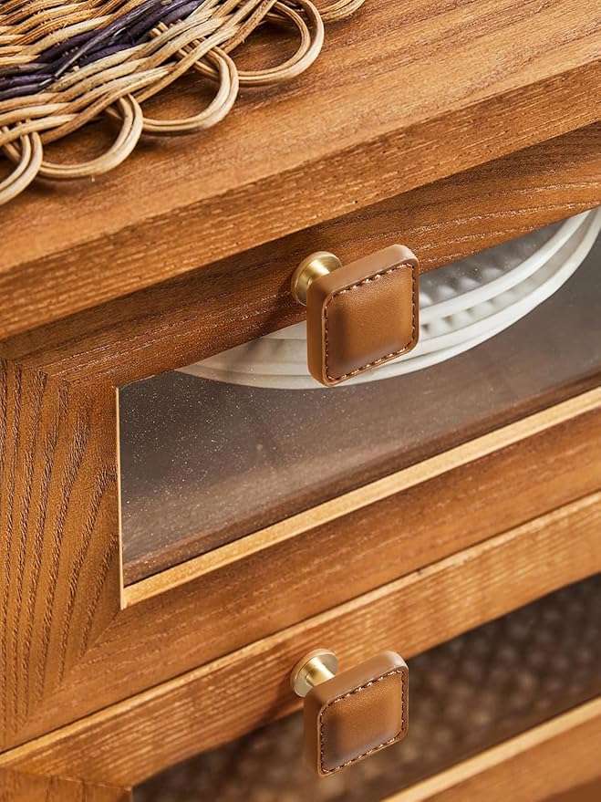 2 Pack Brown Leather Drawer Pulls Square Leather Handles Cabinet knobs for Kitchen Bathroom Cabinets Dressers Furniture Handles