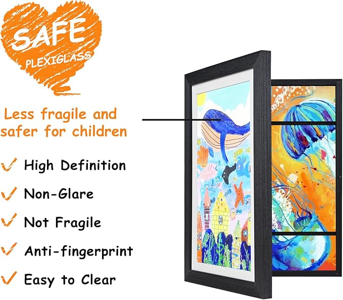 KINLINK A4 Kids Art Frames Set of 2, Solid Wood Kids Artwork Frames Changeable with Acrylic Front Opening Holds 150 Pictures 8.3x11.7, Art Frame for Kids Artwork with Mat or without Mat, Black Wood