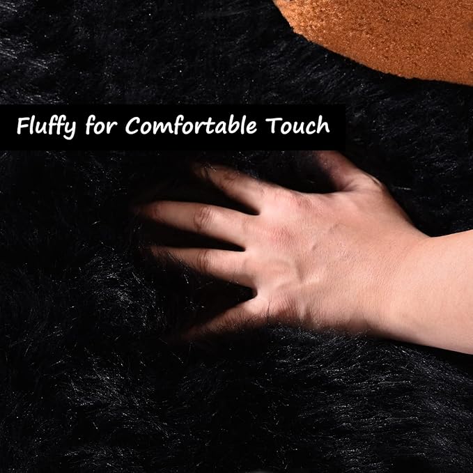 Goolela Black Round Rug 3ft Fluffy Fuzzy Sheepskin Rug Black Circle Faux Fur Rug - Image 5