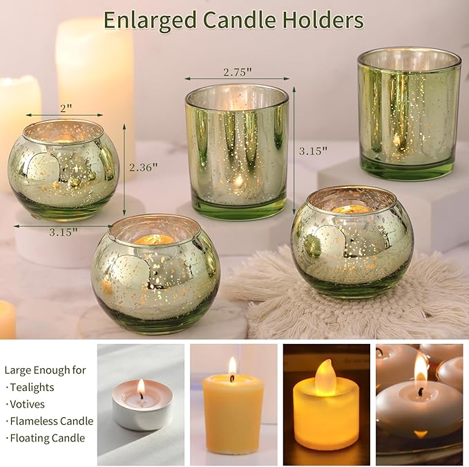10 Pcs Assorted Green Votive Candle Holders, Larger Size Mercury Glass Candle Holder, Sage Green Tealight Candle Holder for Wedding, Votive Holders for Party Centerpieces for Table