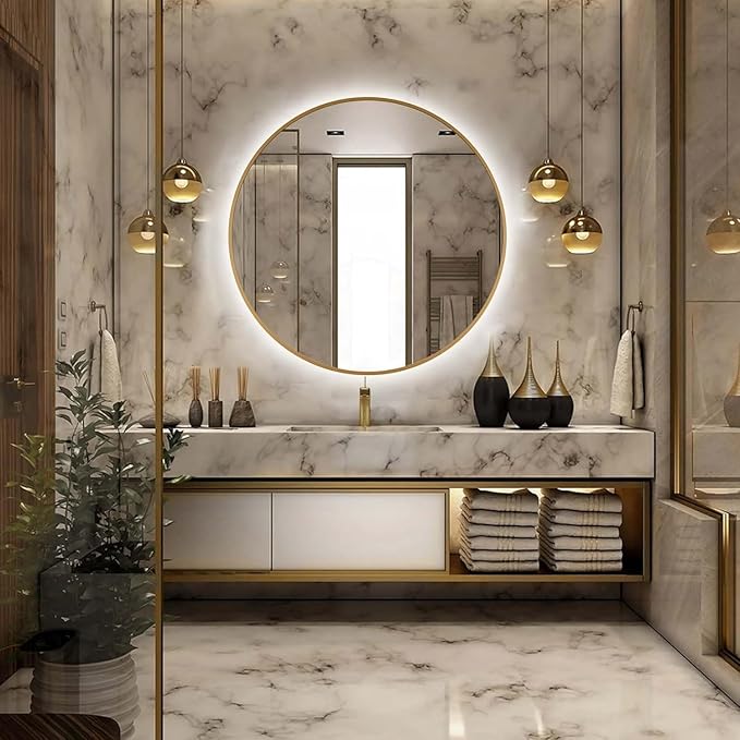 40" Round LED Bathroom Mirror, Wall Mounted Backlit Vanity With Lights, Fog Free Circle With Gold Frame, Smart Light Up 3-Color