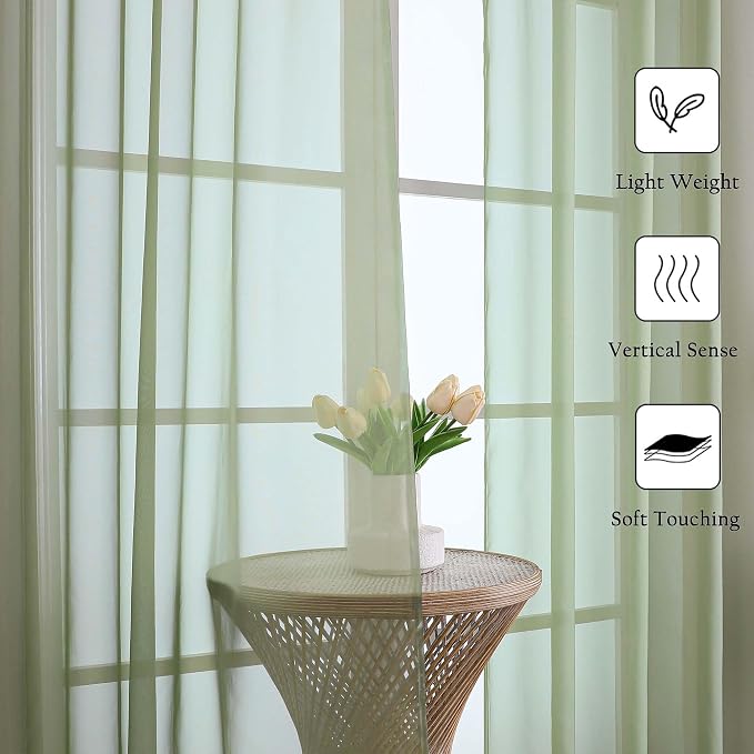 Sage Green Sheer Curtains 108 Inches Long 2 Panels, Extra Wide Airy Voile Sheer - Image 6