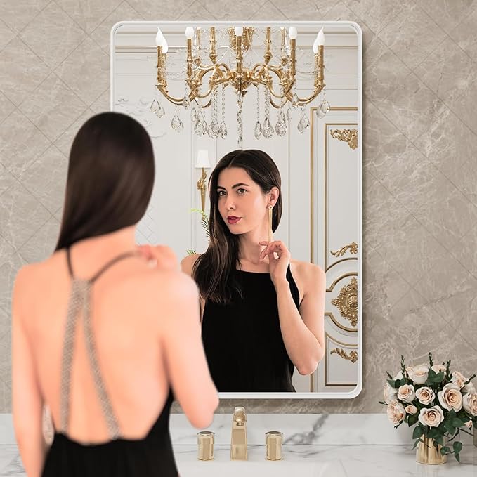 LOAAO 20x30 Inch White Metal Framed Bathroom Mirror for Wall, White Bathroom Vanity Mirror Farmhouse, Large Rounded Rectangle Mirror, Anti-Rust, Hangs Horizontally or Vertically