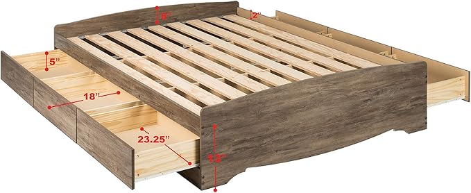 Prepac Mate's Queen 6-Drawer Minimalist Platform Storage Bed, Contemporary Queen Bed with Drawers 81.5" D x 63" W x 18.75" H, Drifted Gray, DBQ-6200-3K