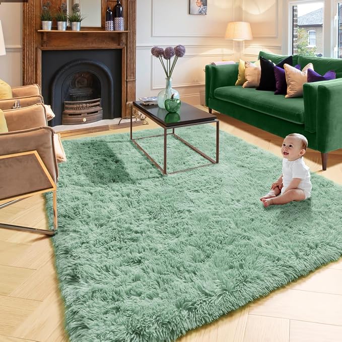 Amdrebio Sage Green Furry Area Rug 5x8 - Image 5