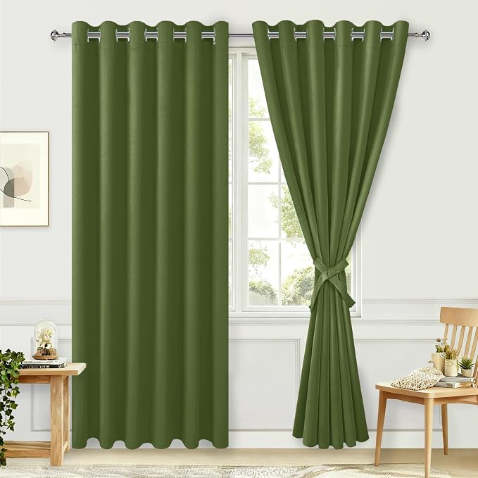 Room Darkening Curtains for Bedroom Olive Green 70x84 Inch 2 Panels | Thermal by Hiasan