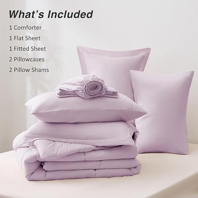 Love's cabin Queen Comforter Set Light Purple, 7 Pieces Queen Bed in a Bag, All Season Bedding Sets with 1 Comforter, 1 Flat Sheet, 1 Fitted Sheet, 2 Pillowcase and 2 Pillow Sham