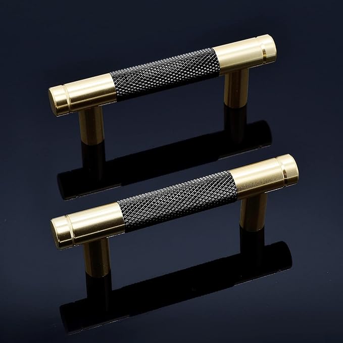 Knurled Cabinet Pulls 12 Pack, 3.5 Inch Long Cabinet Handles Metal Door Pulls, Kitchen Drawer Pull Knurled Dresser Handles - 2 1/2" Hole to Hole, Black & Gold