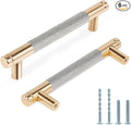 Knurled Cabinet Pulls 6 Pack, 5 Inch Long Cabinet Handles Metal Door Pulls, Kitchen Drawer Pull Knurled Dresser Handles - 3 3/4" Hole to Hole, Grey & Gold