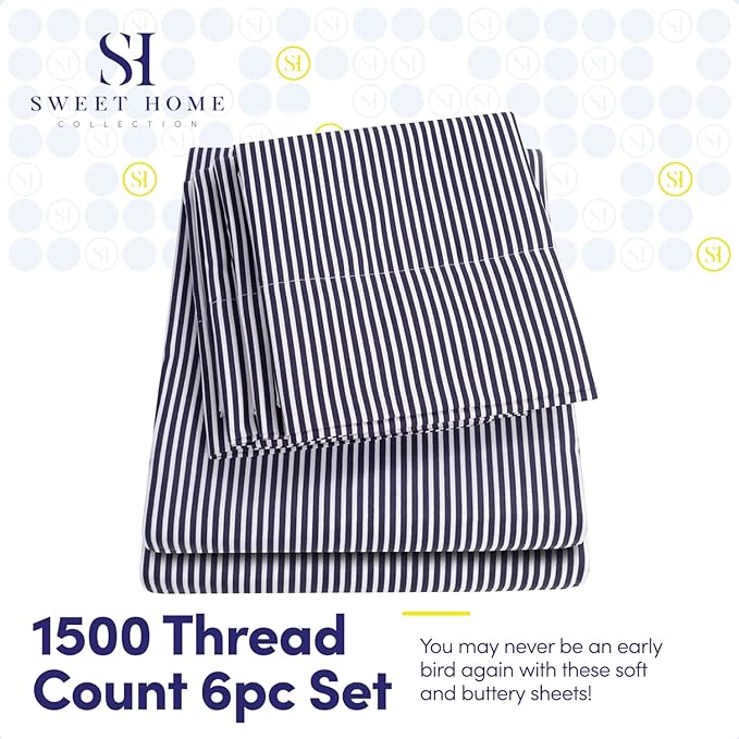 Full Size Bed Sheets - 6 Piece 1500 Supreme Collection Fine Brushed Microfiber Deep Pocket Full Sheet Set Bedding - 2 Extra Pillow Cases, Great Value, Full, Classic Stripe Navy